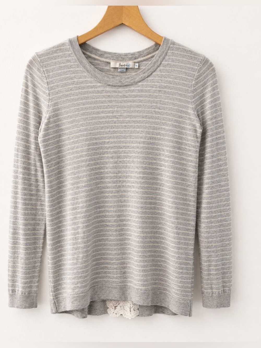 Boden Gray Stripe Split Back Lace Sweater Small Open Back Knit Top - Picture 6 of 7
